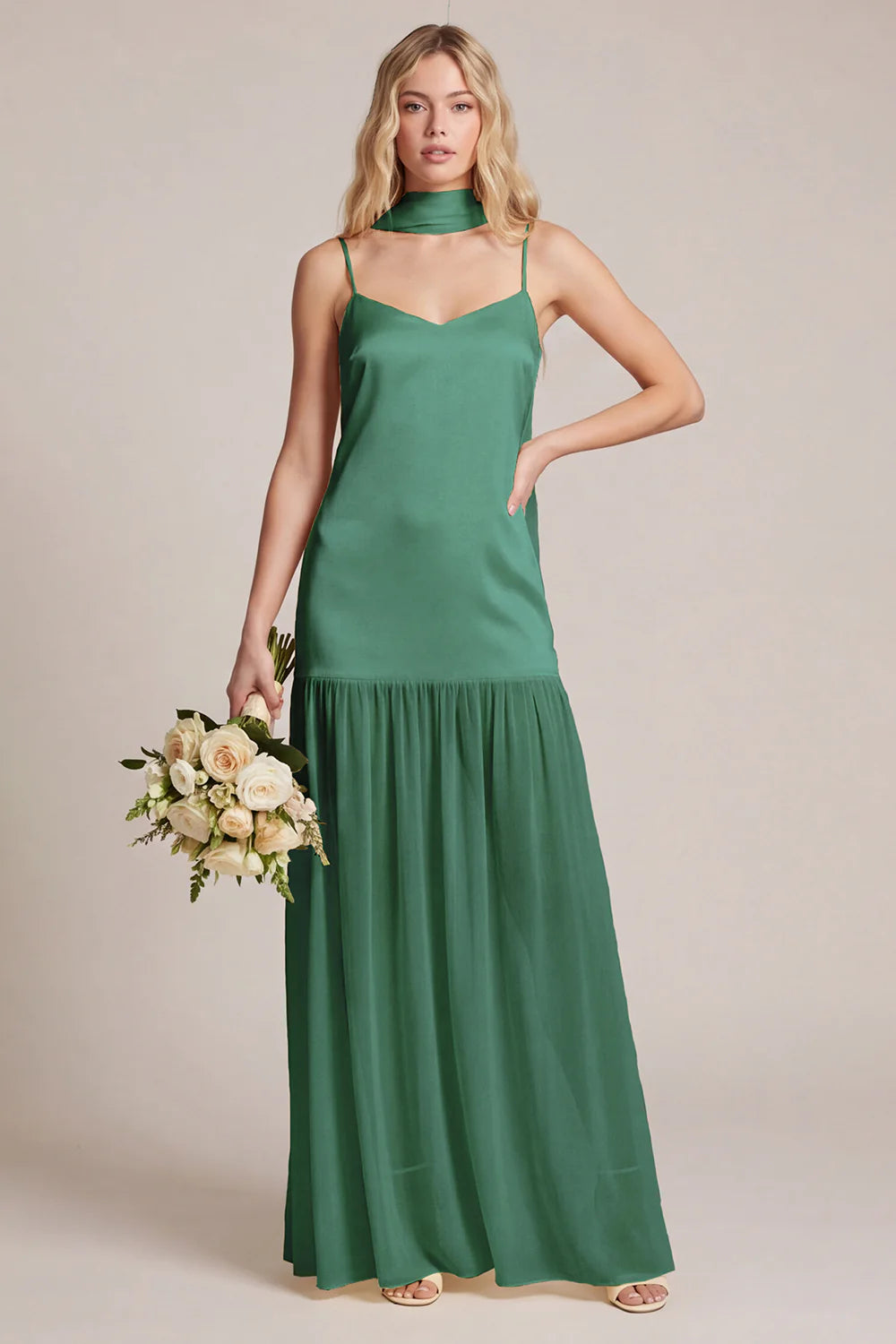 Daffodil Satin Spaghetti Straps Bridesmaid Dress with Scraf