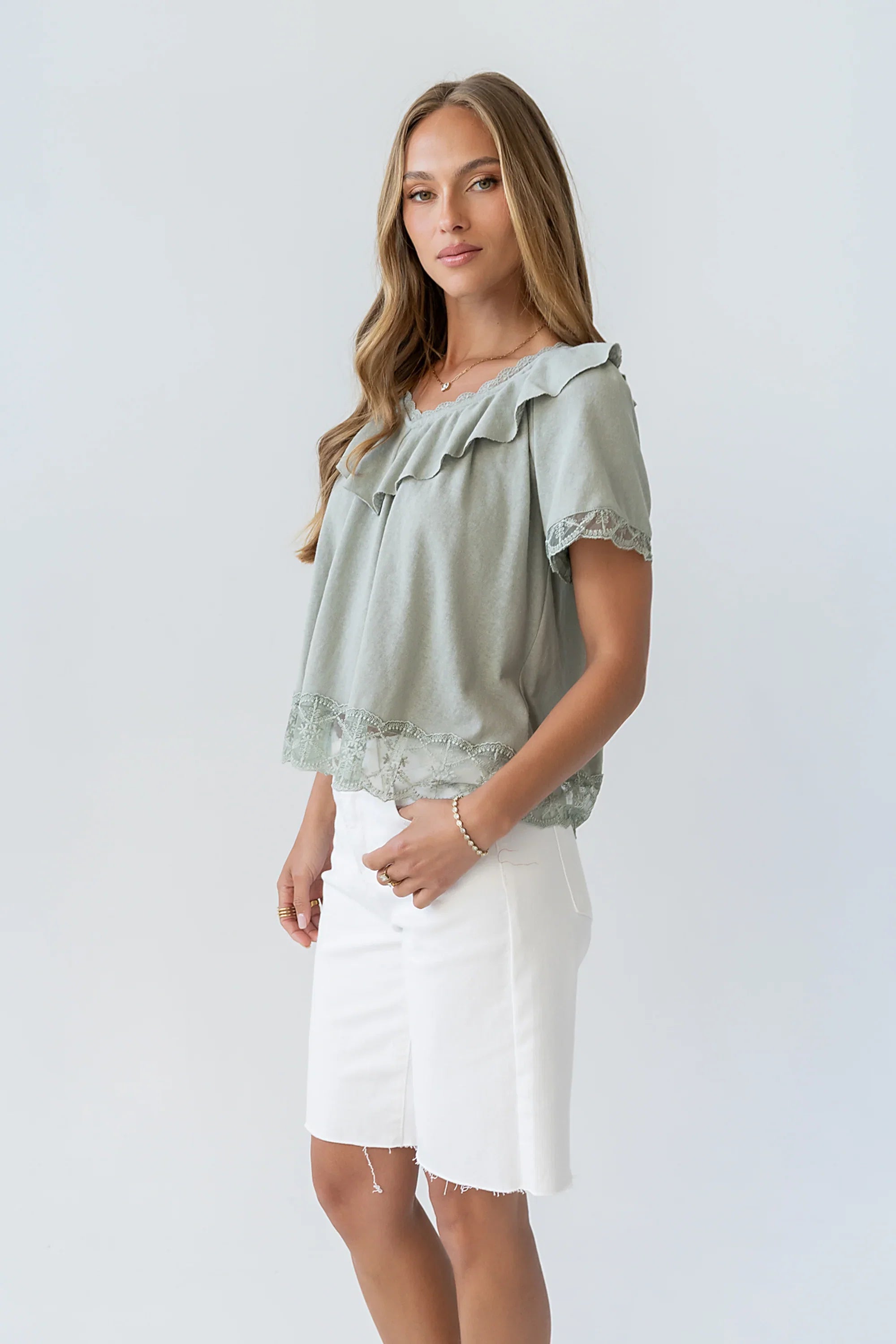 Lilian Lace Trim Top in Sage