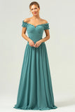 Eucalyptus A Line Off The Shoulder Ruched Cut Out Floor Length Bridesmaid Dress