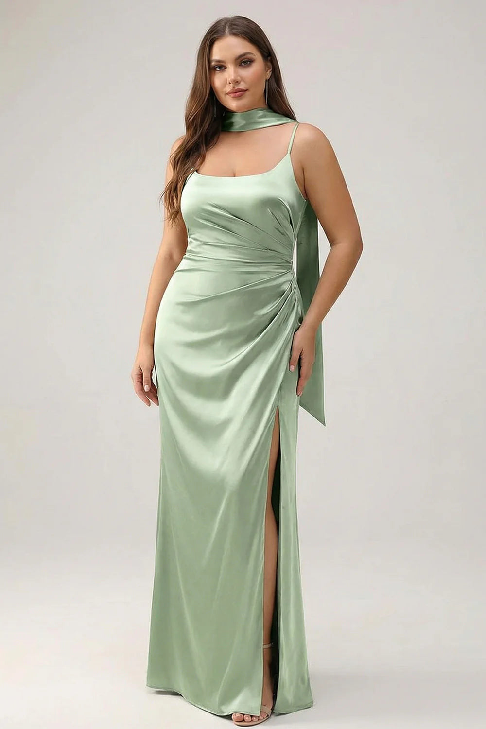 Sage Sheath Spaghetti Straps Streamer Long Satin Plus Size Bridesmaid Dress with Slit