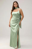 Sage Sheath Spaghetti Straps Streamer Long Satin Plus Size Bridesmaid Dress with Slit
