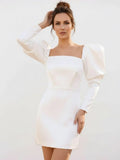 White Satin Short Wedding Dress with Puff Sleeves