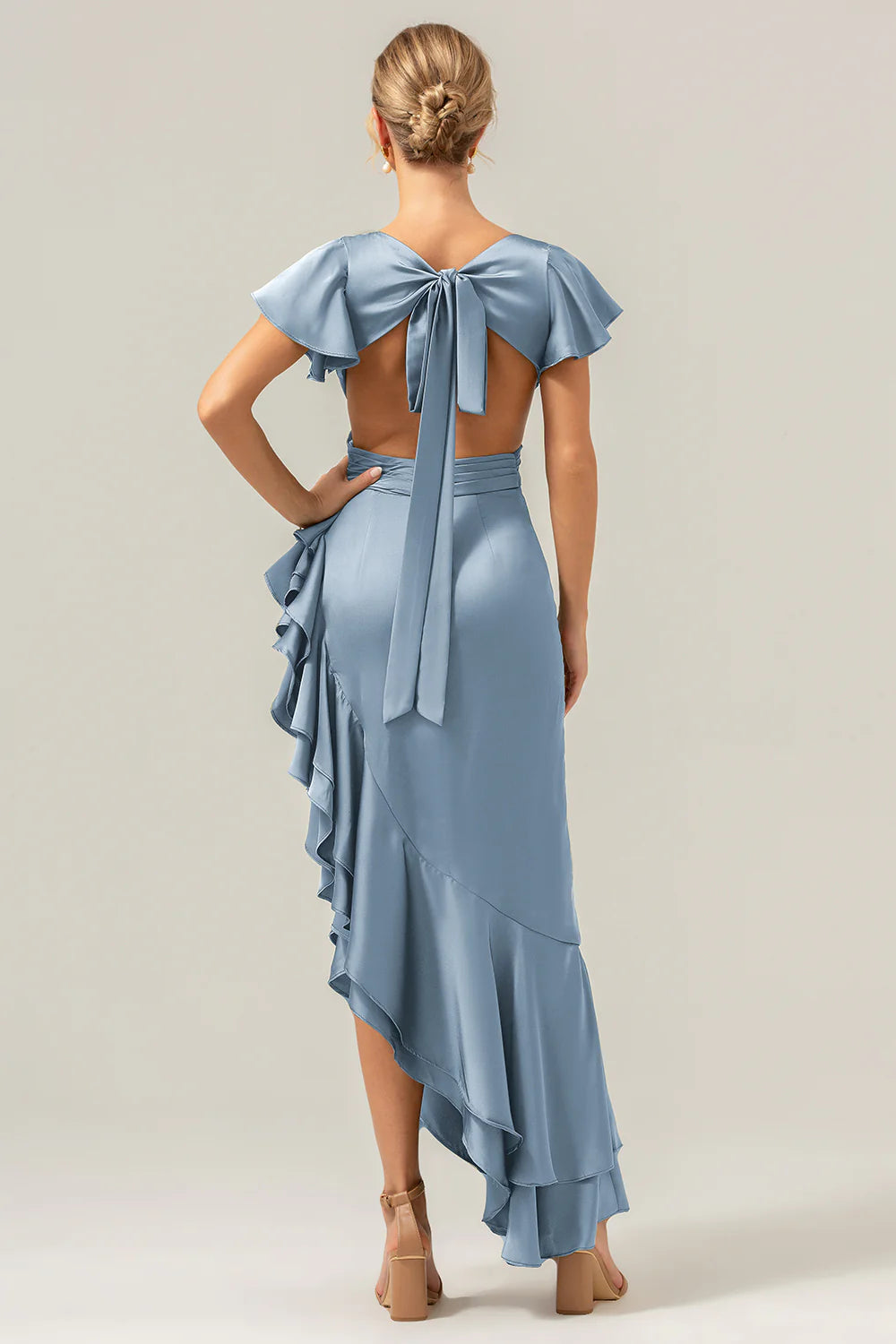 A Line V Neck Asymmetrical Dark Green Bridesmaid Dress with Ruffle Slit