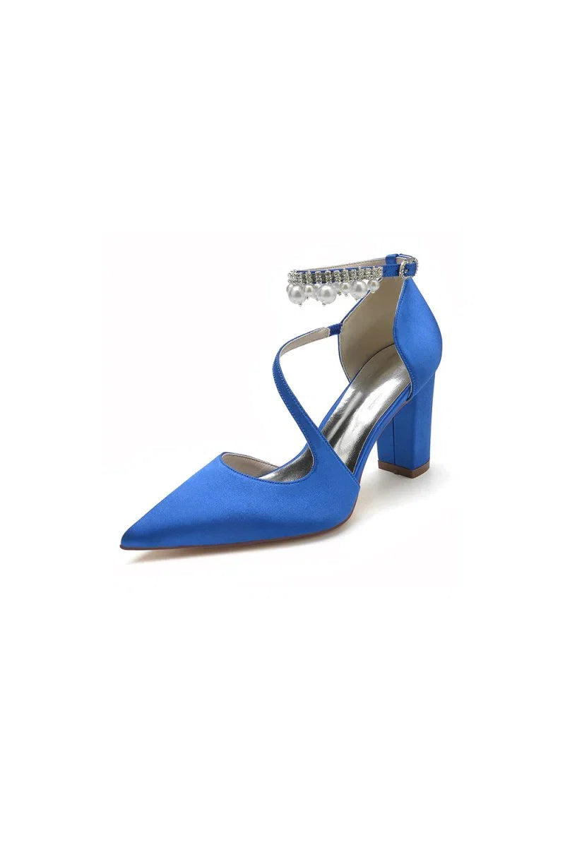 White Satin Heels with Cross Strap Design and Pearl Accented Buckle