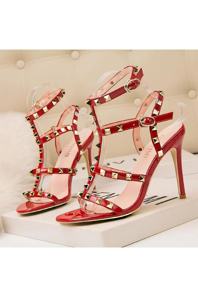Studded Strappy Leather Open Toe High Heels