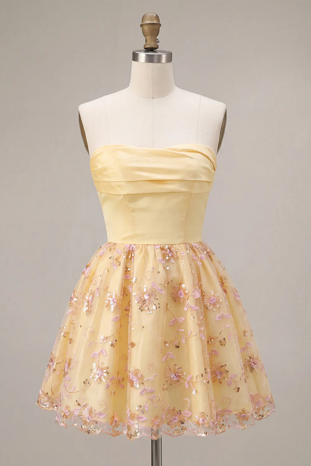 Light Yellow Strapless Floral A Line Short Homecoming Dress
