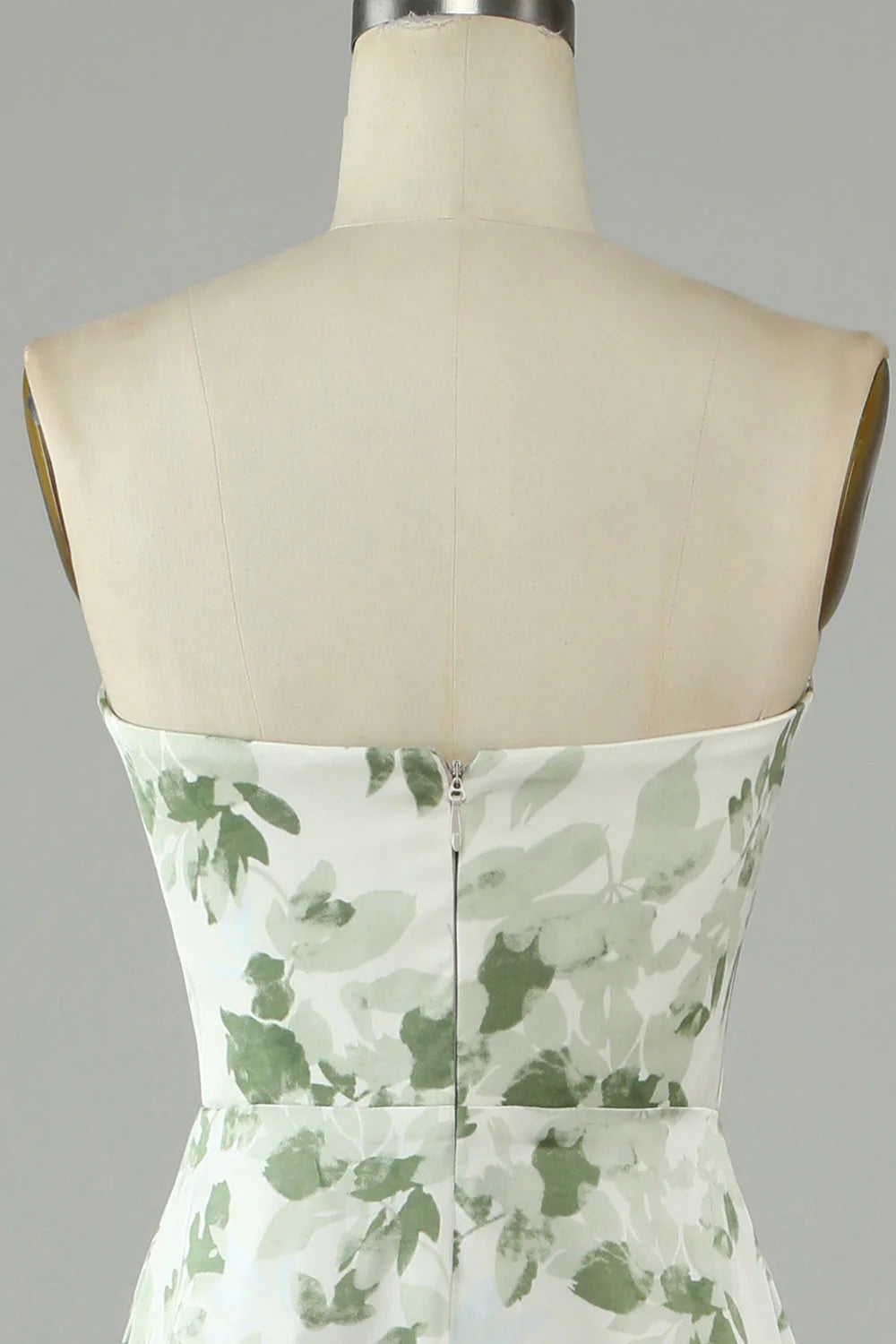 Green Asymmetrical Strapless Print High Low Bridesmaid Dress