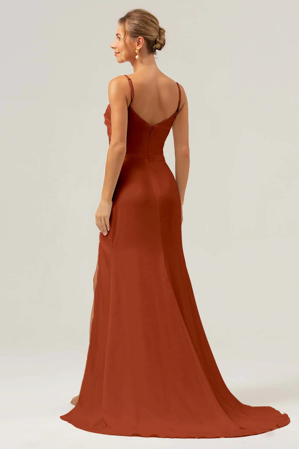 Black Sheath Spaghetti Straps Ruched Long Satin Bridesmaid Dress with Slit