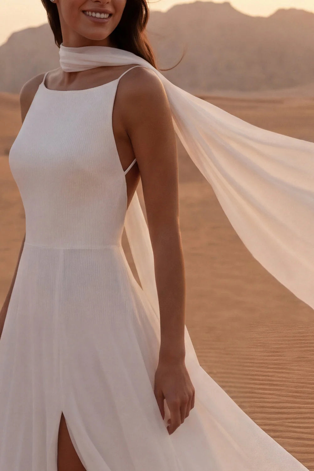 Simple A Line Ivory Backless Long Wedding Dress with Slit