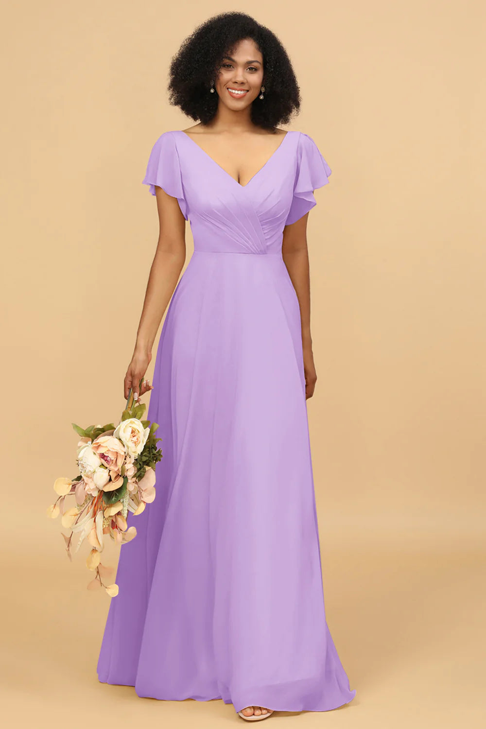 V Neck Cape Long Floor Length Chiffon Bridesmaid Dress