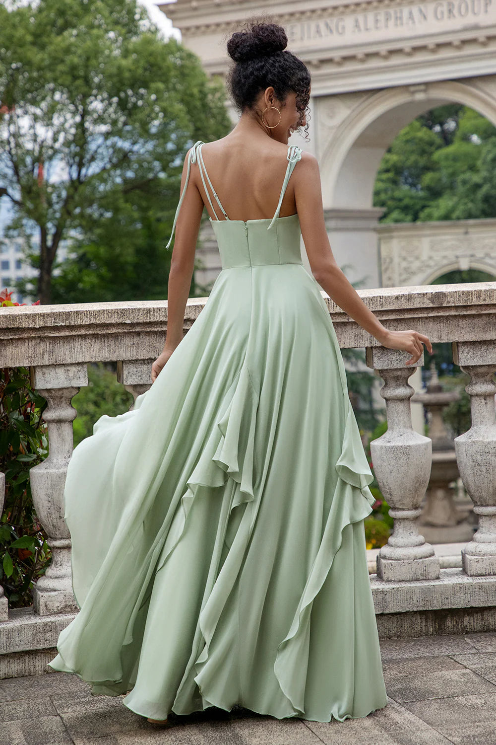 A Line Spaghetti Straps Chiffon Long Eucalyptus Bridesmaid Dress with Ruffles