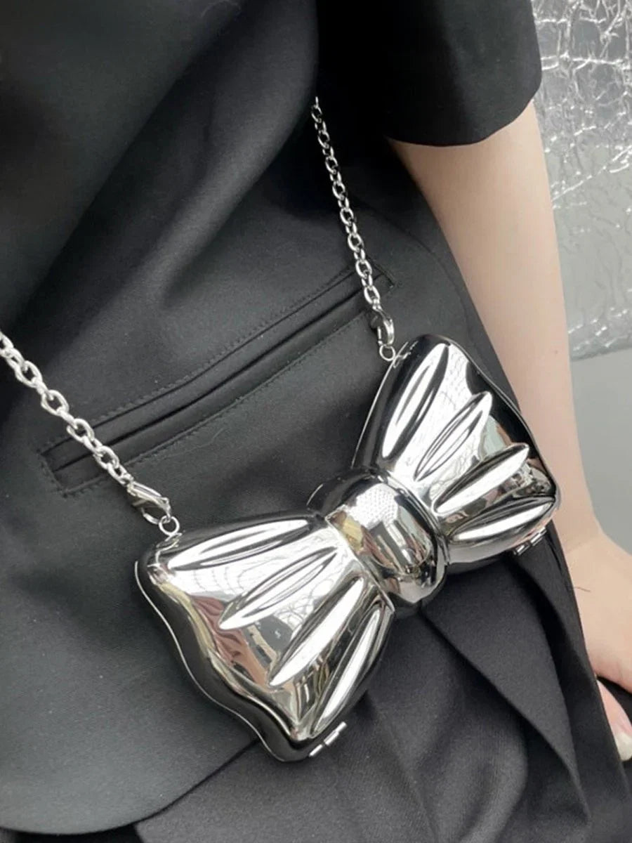 Womens Silver Bow Clutch Mini Evening Bags