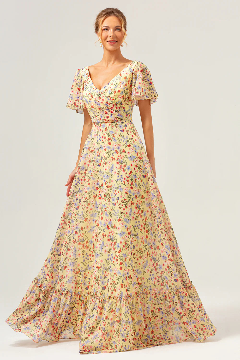 Yellow Flower Printed A Line Chiffon Long Bridesmaid Dress with Short Sleeves