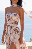 Strapless Ruched A Line Ivory Floral Wedding Guest Dress with Scarf