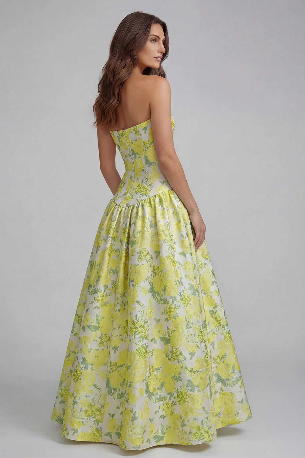 Blue White Flower Printed Strapless A Line Long Wedding Guest Dress