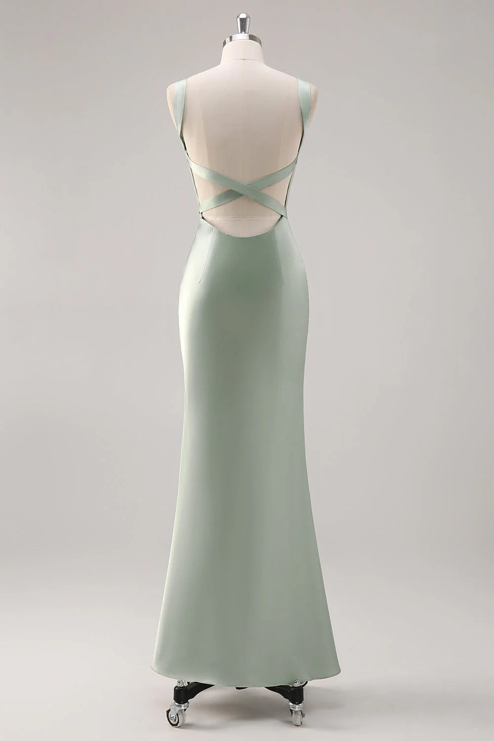 Sage Green Mermaid Square Neck Satin Long Bridesmaid Dress with Criss Cross Back