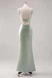 Sage Green Mermaid Square Neck Satin Long Bridesmaid Dress with Criss Cross Back