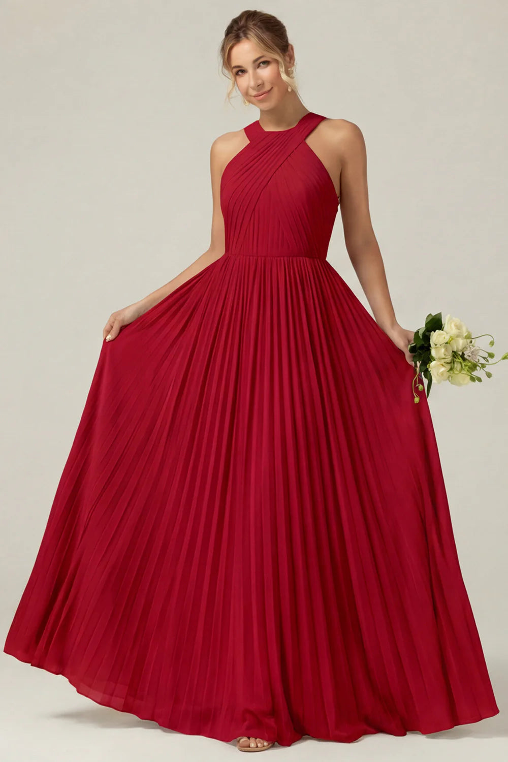 Dusty Sage A Line Halter Pleated Long Bridesmaid Dress