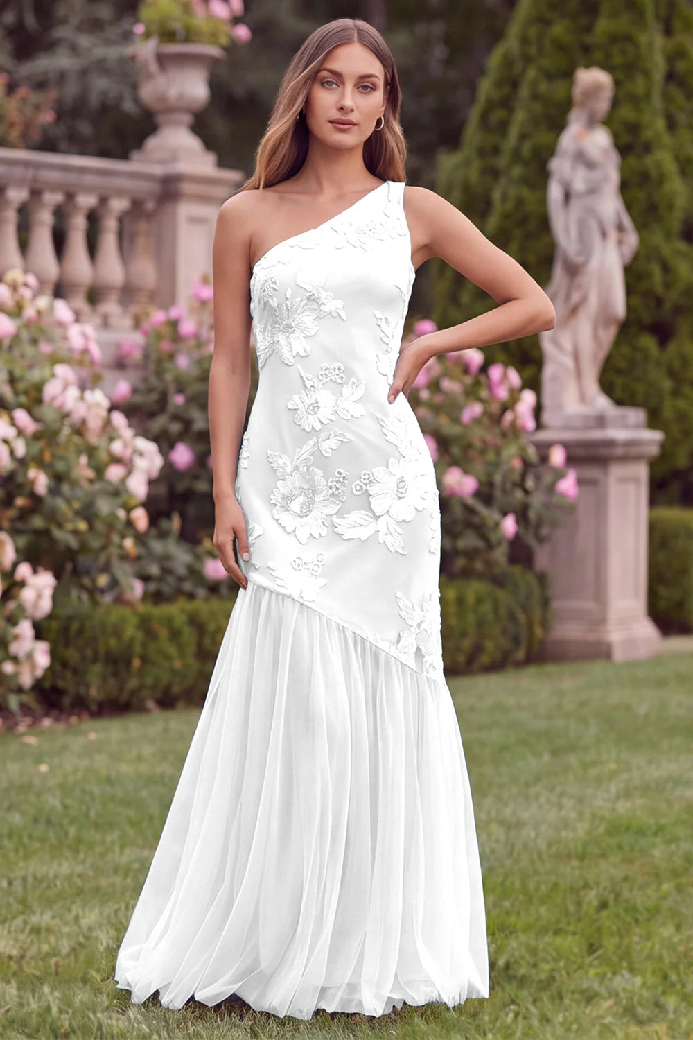 Pink One Shoulder Mermaid Floral Wedding Guest Dress