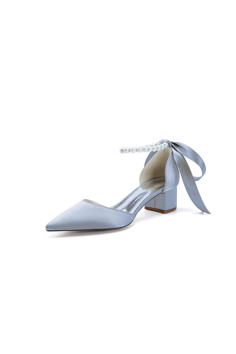 Pointed Toe Satin Pearl Ankle Strap Block Heels With Ribbon Tie