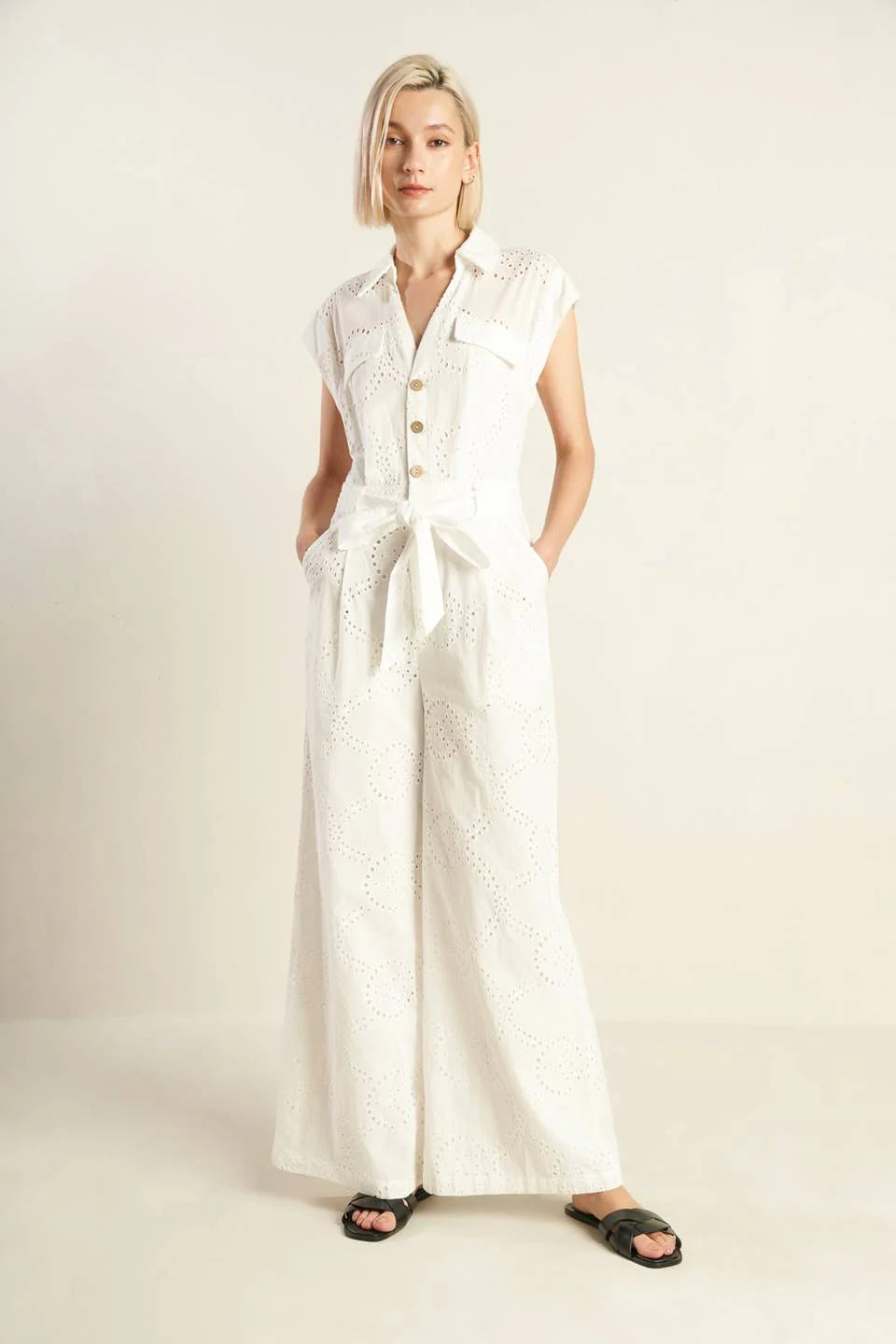KNOW BETTER WHITE EYELET JUMPSUIT
