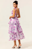 Purple Flower A Line Lace Up Back Tiered Print Midi Dress with Straps Bows