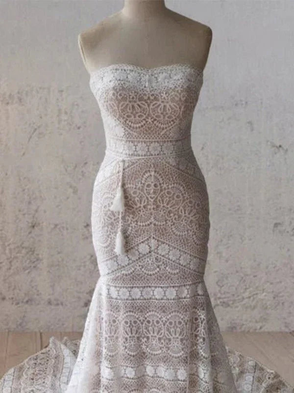 Vintage White Mermaid Lace Wedding Dress with Tassel