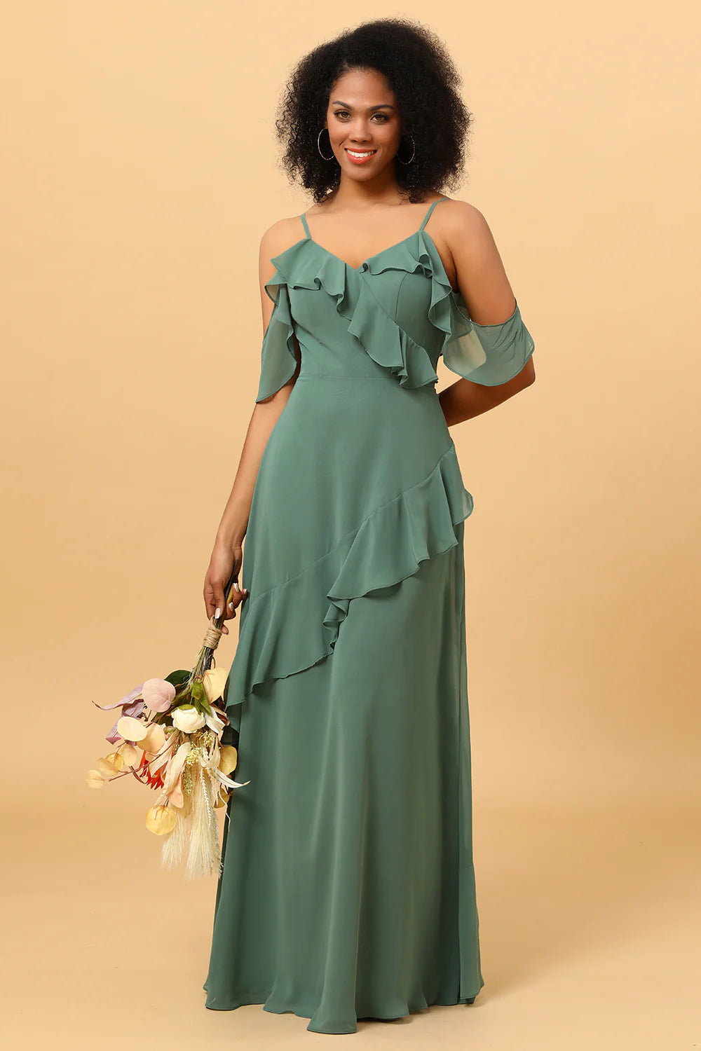 Eucalyptus Spaghetti Straps Long Chiffon Bridesmaid Dress with Ruffles