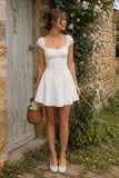 White Cap Sleeves A Line Cotton Mini Dress