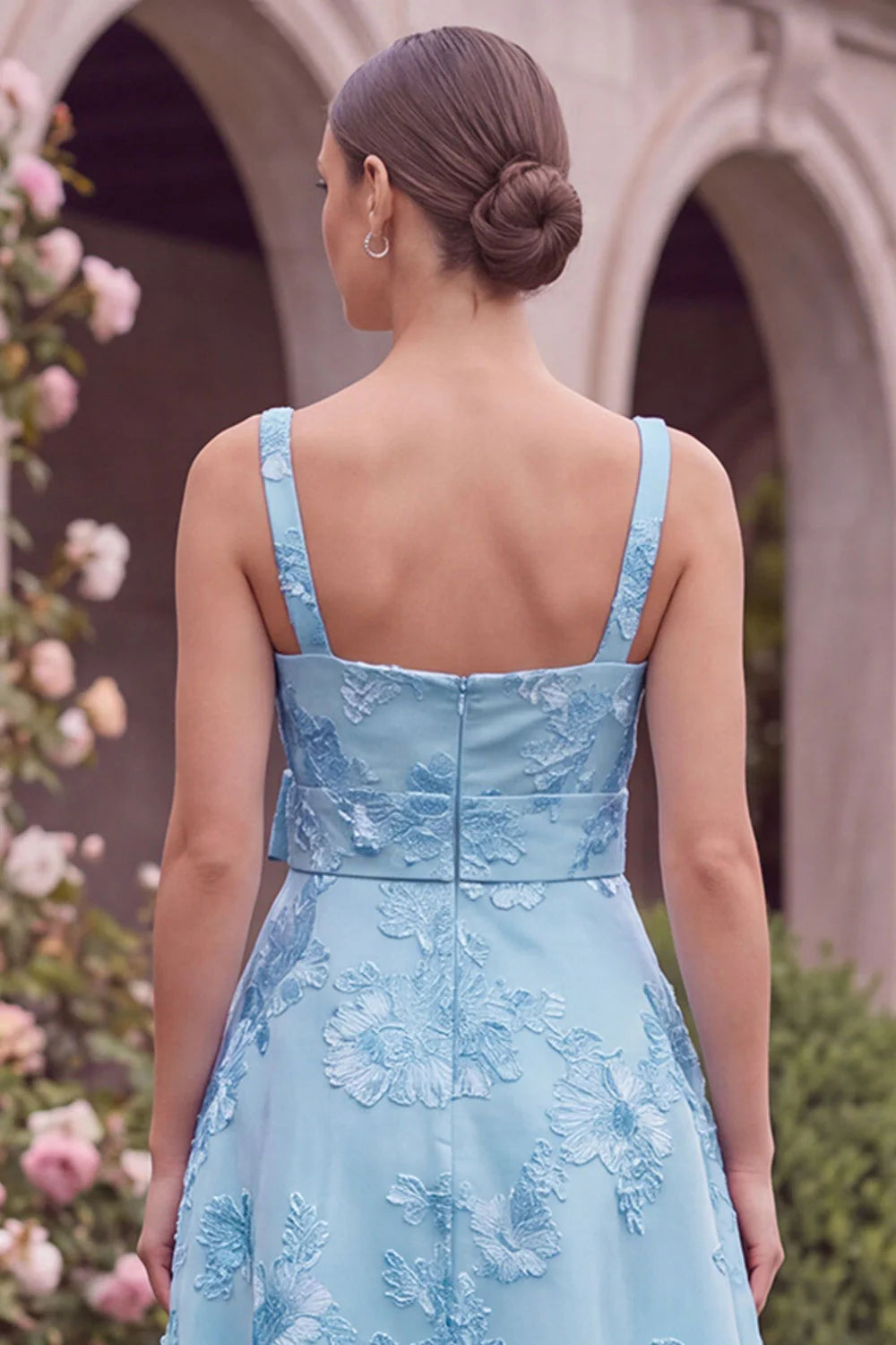 Sage Floral A Line Embroidery Square Neck Wedding Guest Dress with Bow