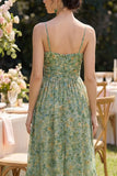 Floral Dusty Green Spaghetti Straps Wedding Guest Dress