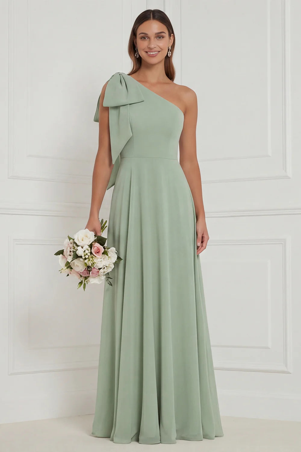 One Shoulder Bow A Line Sage Bridesmaid Dress with Lace up Back