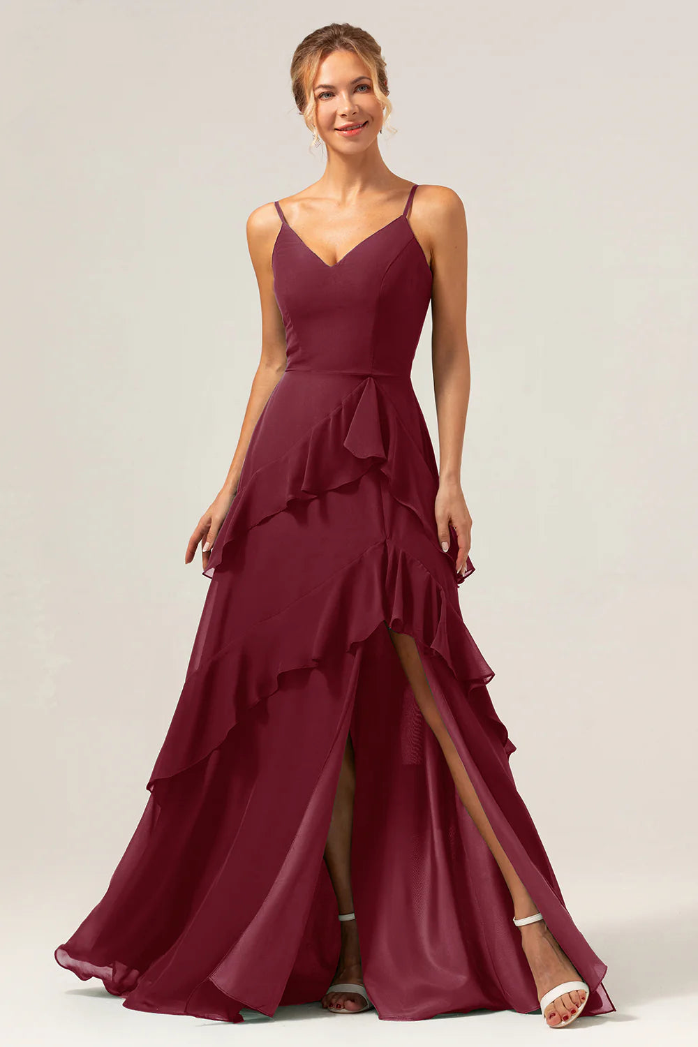 Dark Green A Line V Neck Ruffled Chiffon Tiered Long Bridesmaid Dress with Slit