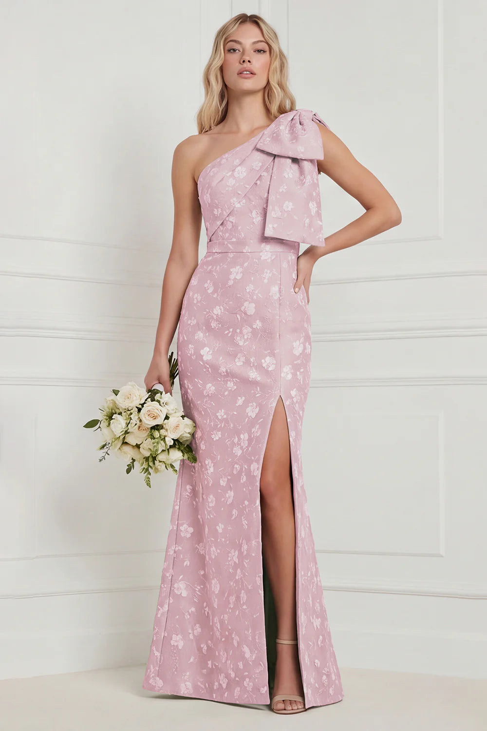 One Shoulder Sage Floral Jacquard Mermaid Bridesamid Dress with Slit