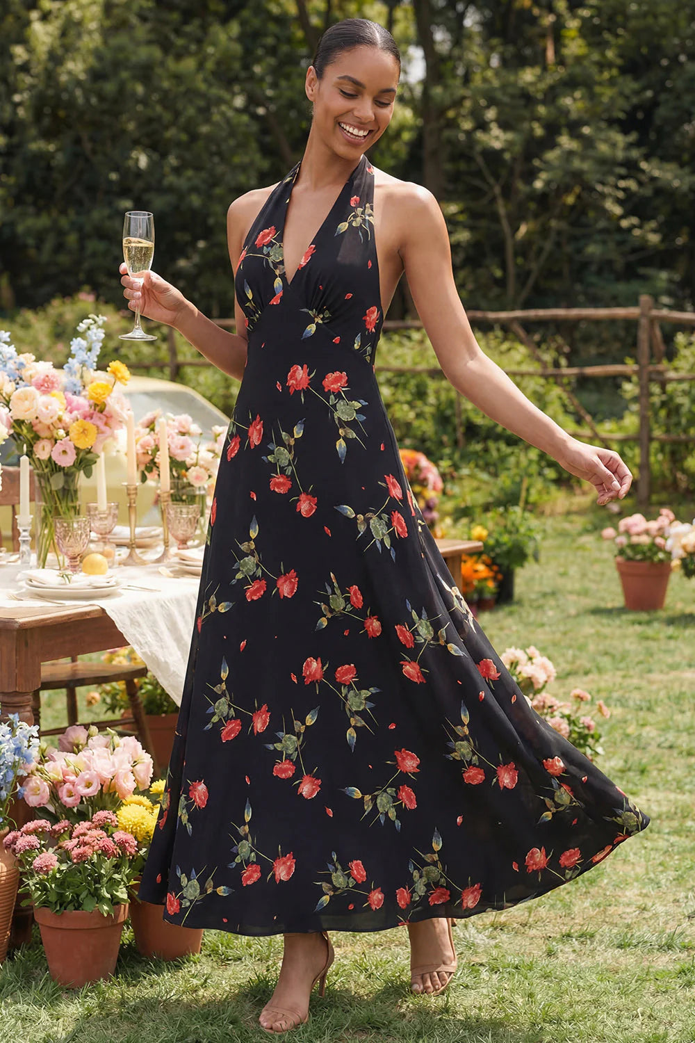 Halter Printed A Line Backless Black Wedding Guest Dress