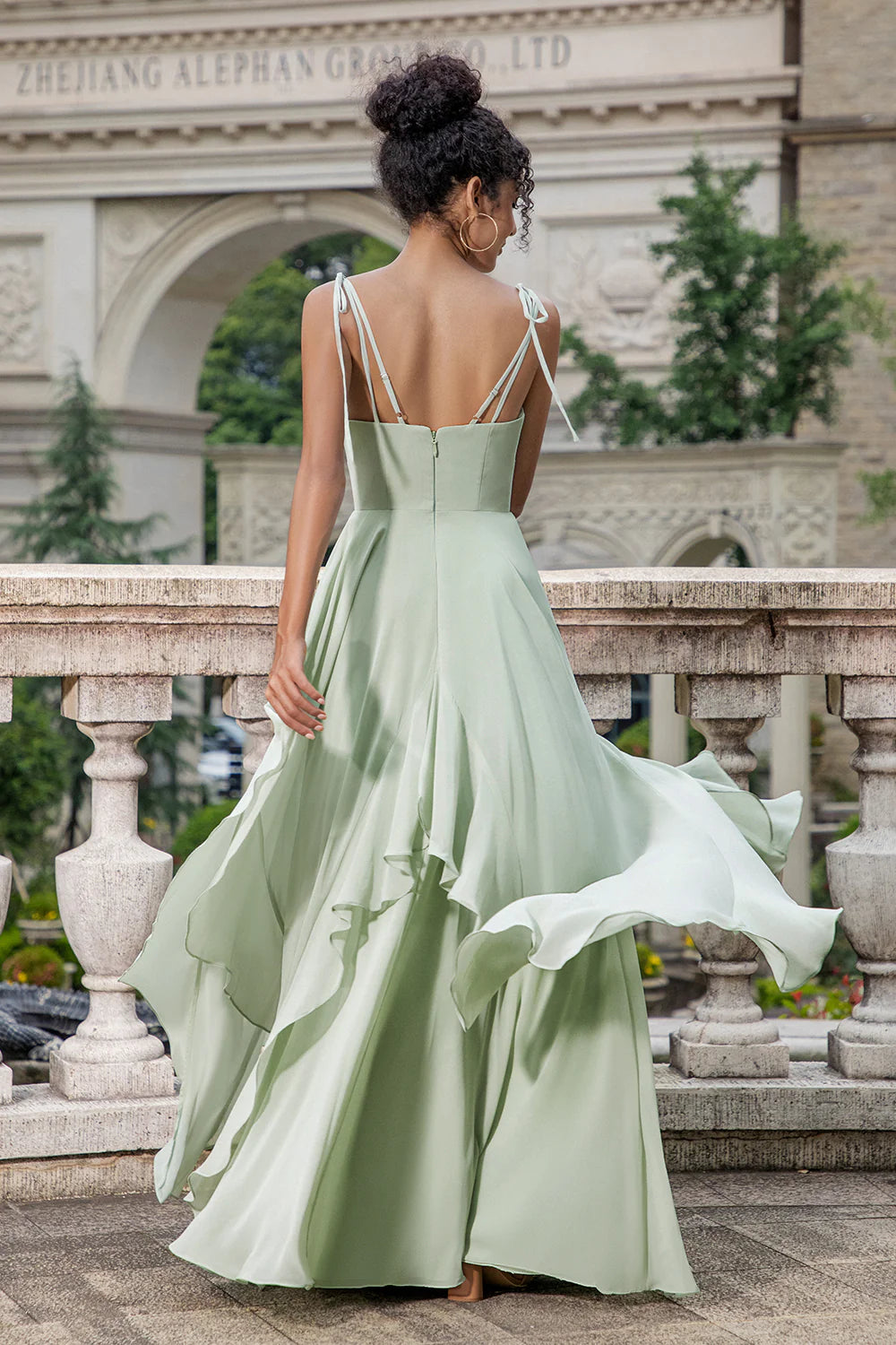Elegant Matcha A Line High Low Hem Chiffon Long Bridesmaid Dress with Ruffles