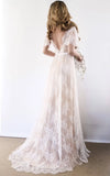 Boho V neck Beach A line Country Elegant Lace Petals Illusion Bell Wedding Dress with Train