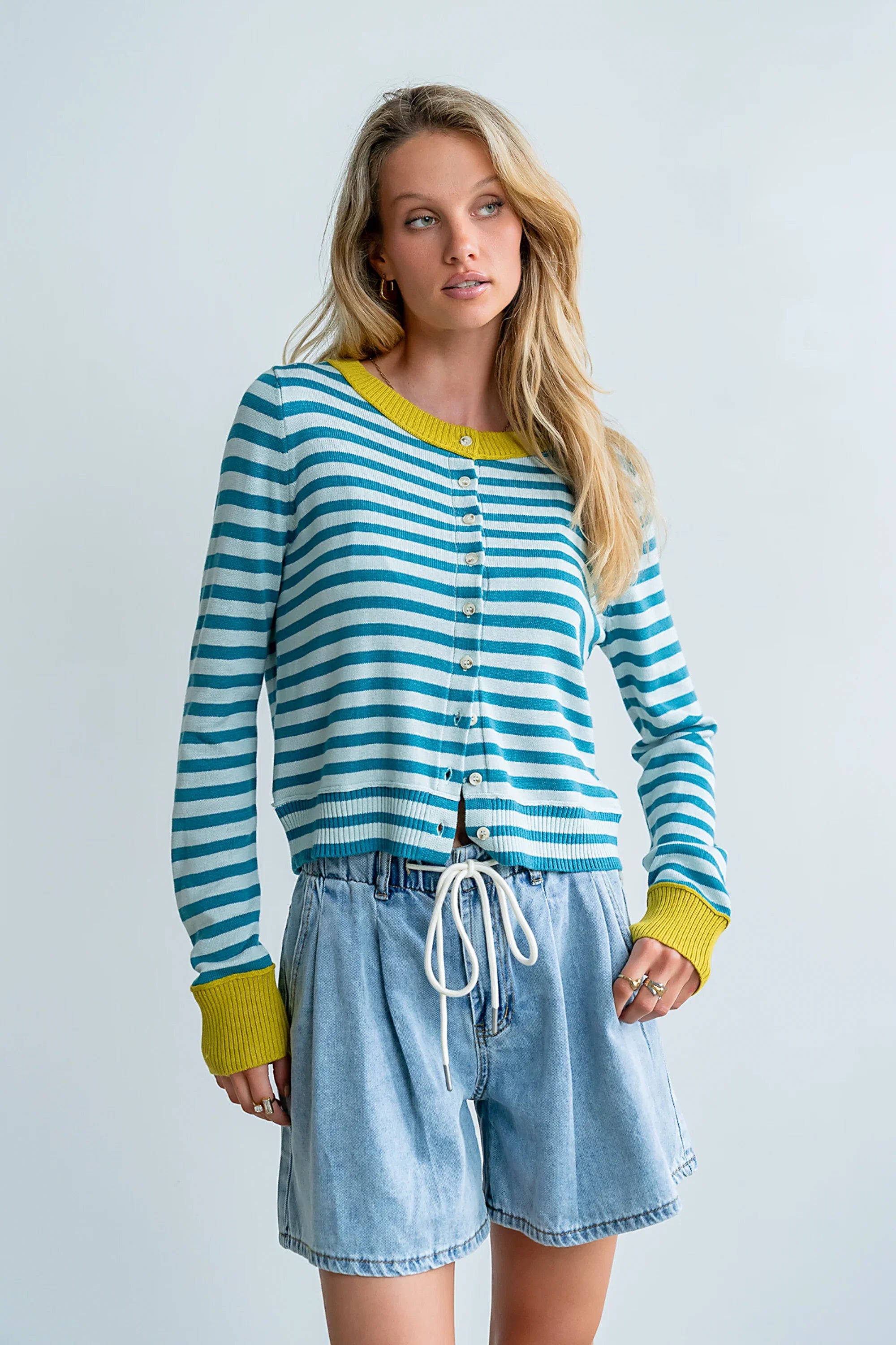 Kailey Striped Cardigan in Teal