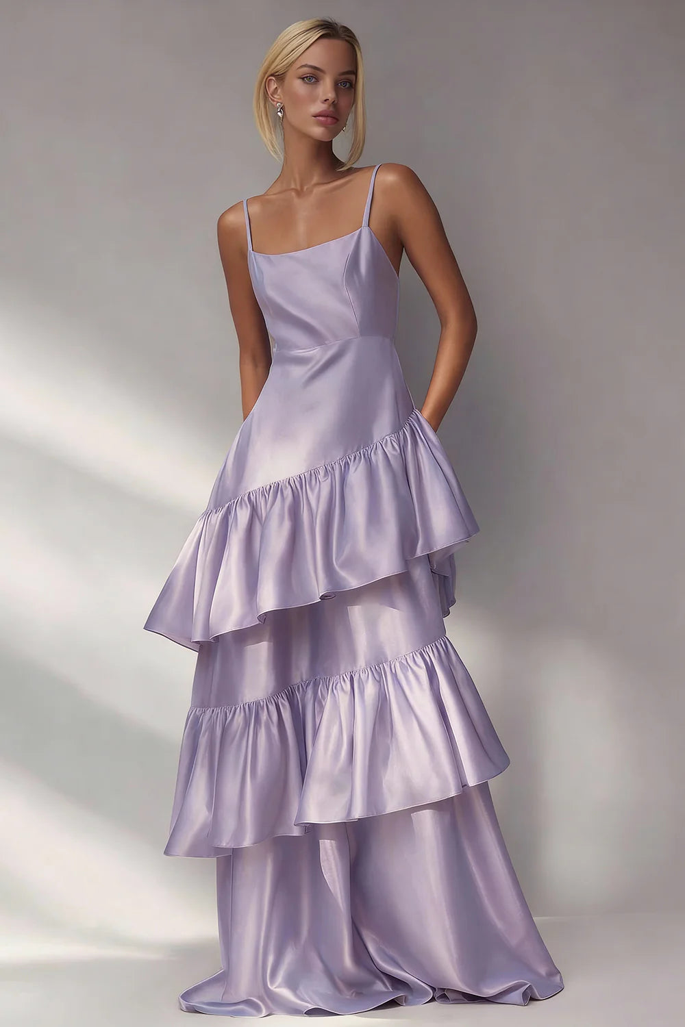 Light Blue A Line Tiered Ruffle Spaghetti Straps Long Formal Dress