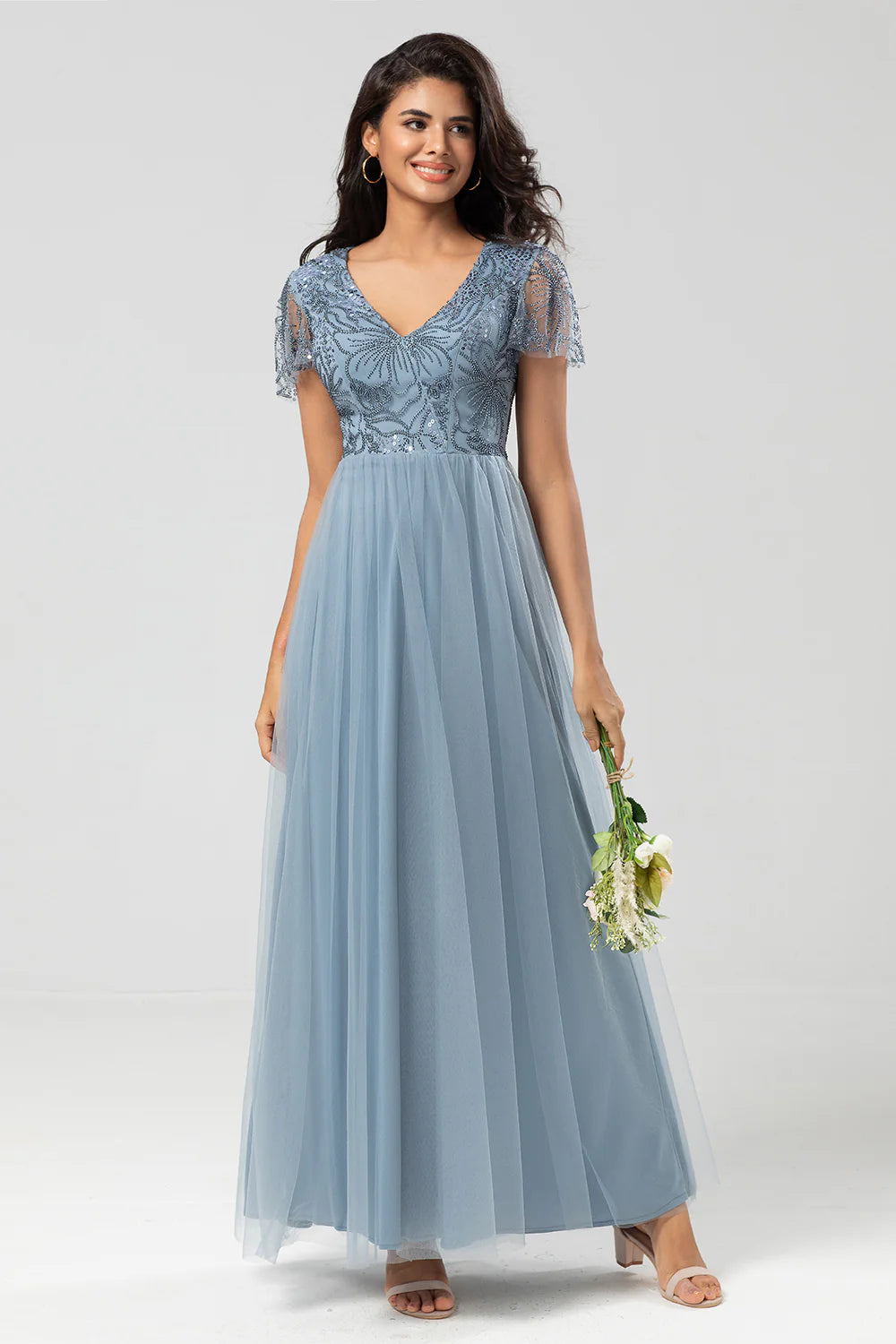 A Line V Neck Embroidered Tulle Dusty Pink Bridesmaid Dress with Beading