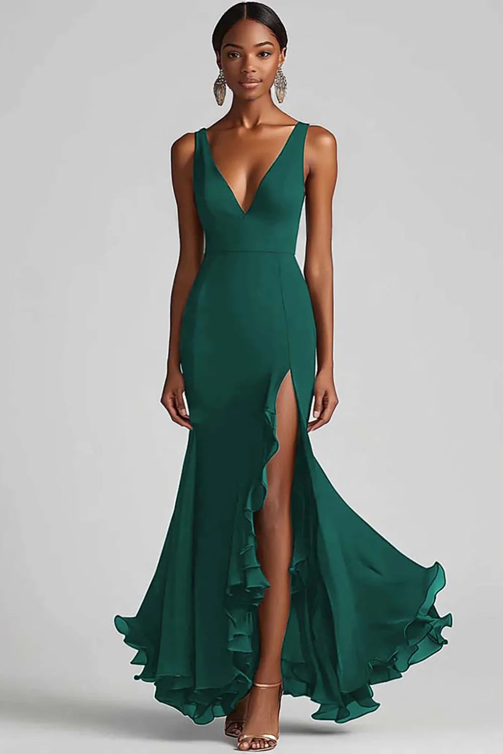 Black V Neck Ruffled Mermaid Formal Dress with Slit