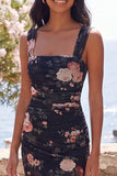 Black Square Neck Ruched Floral Wedding Guest Dress