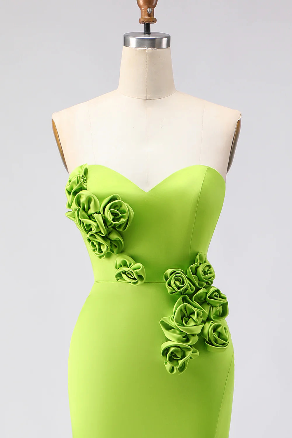 Green Strapless Mermaid 3D Flower Satin Long Prom Dress with Slit