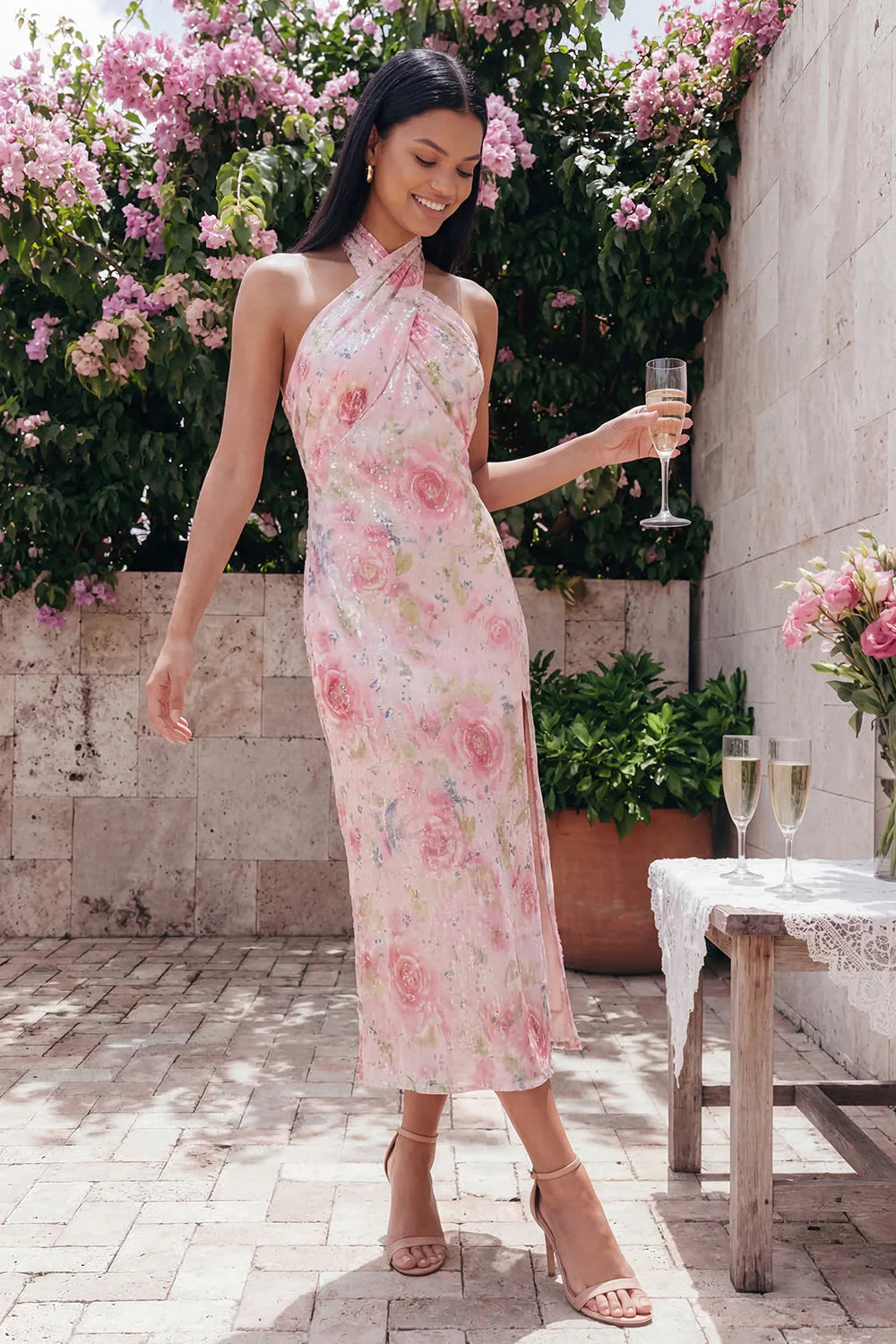 Pink Halter Floral Backless Midi Wedding Guest Dress with Slit
