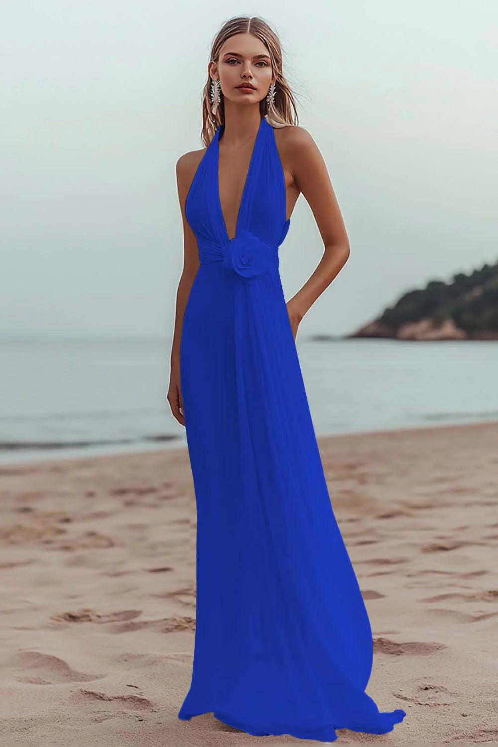 White A Line V Neck Engagement Dress With 3D Flowers