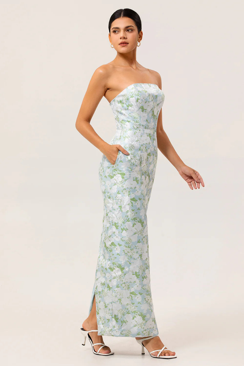 Blue Sheath Strapless White Floral Back Slit Satin Maxi Dress with Pockets