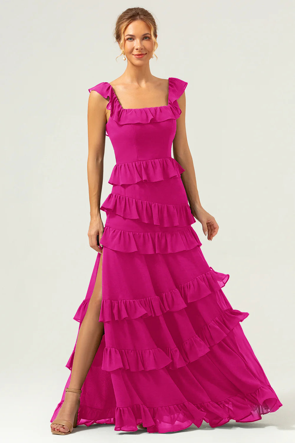 Dark Navy A Line Square Neck Tiered Long Bridesmaid Dress