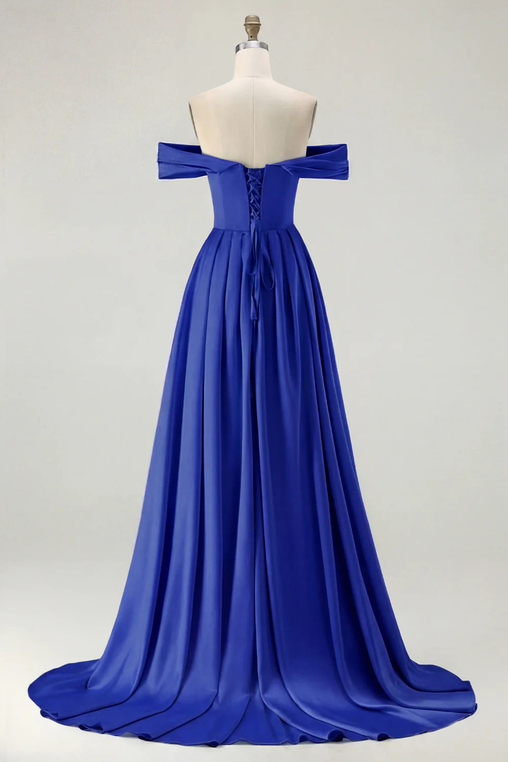 Off the Shoulder A Line Blue Satin Long Bridesmaid Dress with Slit