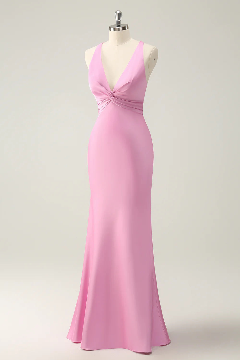 Elegant Pink Mermaid Deep V Neck Long Bridesmaid Dress with Lace Up Back
