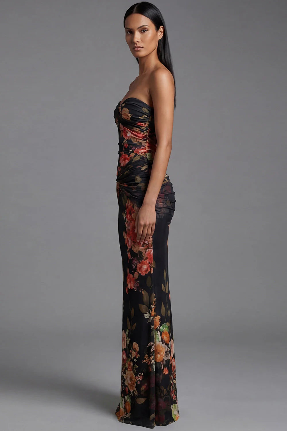 Strapless Floral Ruched Mermaid Black Formal Dress
